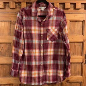Old Navy Sz M The Tunic Shirt Burgundy, Gold, & Pink Plaid Flannel